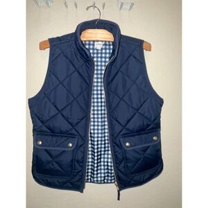 J. Crew Puffer Quilted Vest Navy Blue Gingham Women Medium Zip/Snap
